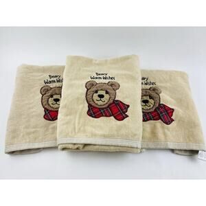 Vintage Christmas Body Towels Set 3 Teddy Bear Tartan Beary Warm Wishes Bathwork
